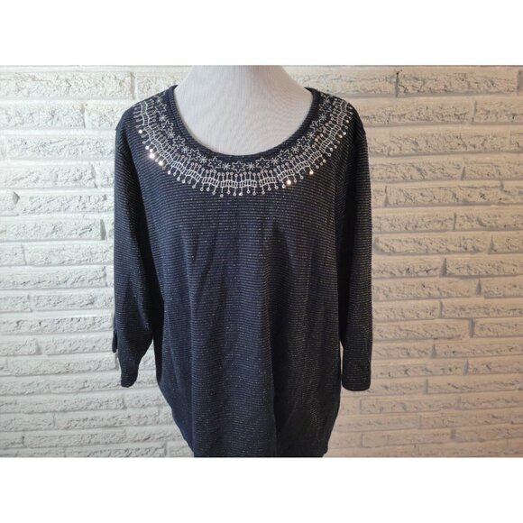 Basic Editions Womens Top 2X Plus Knit Blue Stripe Sequins Embroider STR160E - Picture 2 of 9